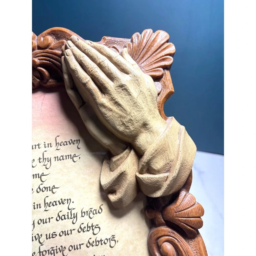 Vintage Lords Prayer Wall Plaque 3D Praying Hands Ornate Faux Wood Frame 12.5in